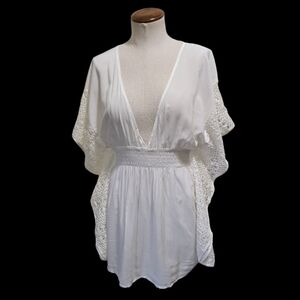 Victoria's Secret Plunge Kimono Crochet Trim Tunic Swim Cover-Up White S